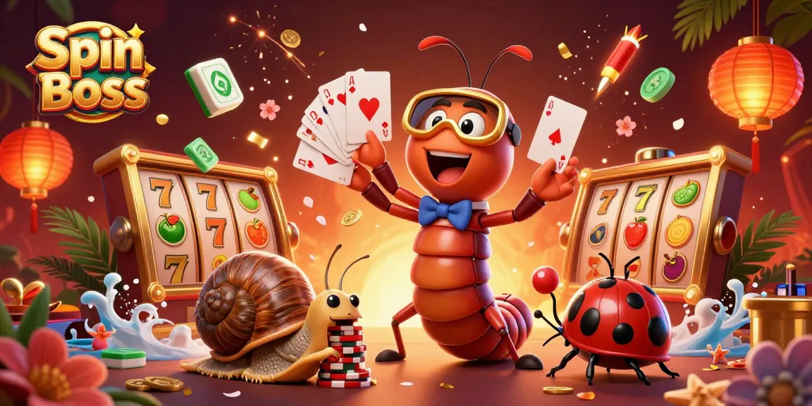 Spin Boss casino dealer showcases a vibrant gaming atmosphere with cards and chips.