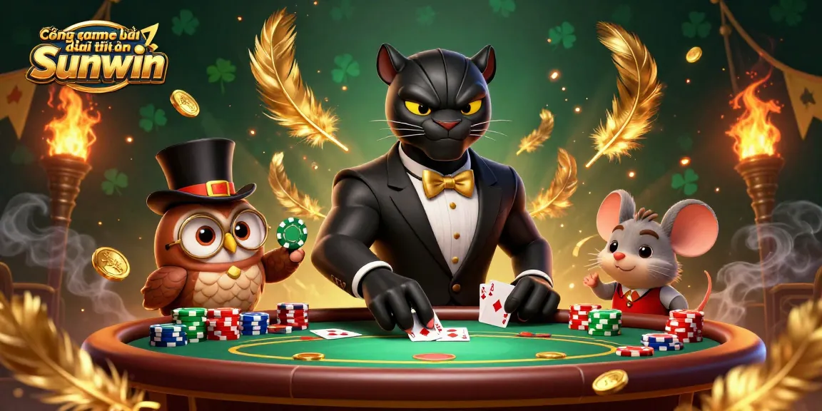 Cổng game bài đổi thưởng Sunwin showcases an elegant 3D scene with a panther dealer and friends, highlighting dynamic poker gameplay.